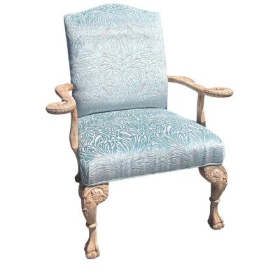 Nancy Corzine George I Style Swan Handle Arm Chair in Scalamandre Blue Cut Velvet