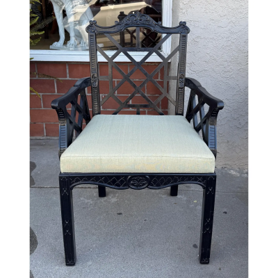 Nancy Corzine Hollywood Regency Black Lacquer Ming Arm Chair Nancy Corzine Fabric