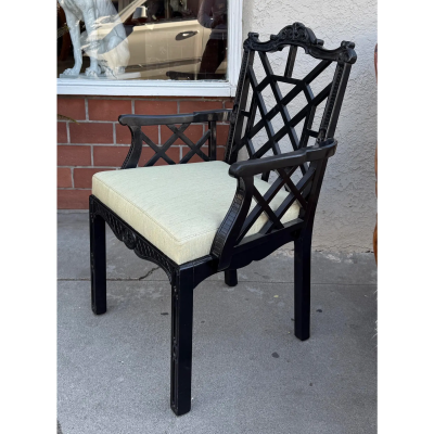 Nancy Corzine Hollywood Regency Black Lacquer Ming Arm Chair Nancy Corzine Fabric