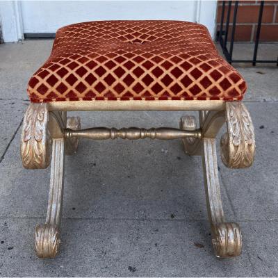 Nancy Corzine Nancy Corzine Saber Leg Giltwood X Bench W Red Silk Cut Velvet Fabric