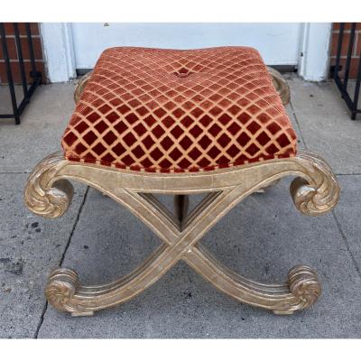 Nancy Corzine Nancy Corzine Saber Leg Giltwood X Bench W Red Silk Cut Velvet Fabric