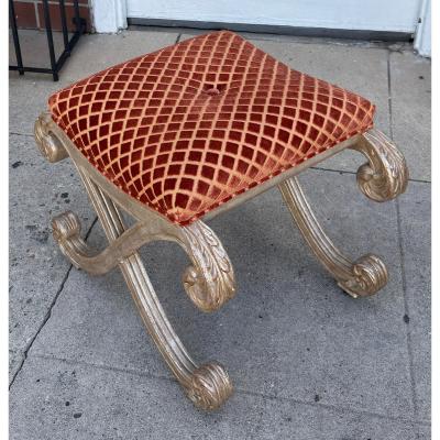 Nancy Corzine Nancy Corzine Saber Leg Giltwood X Bench W Red Silk Cut Velvet Fabric