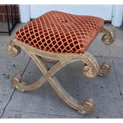 Nancy Corzine Nancy Corzine Saber Leg Giltwood X Bench W Red Silk Cut Velvet Fabric