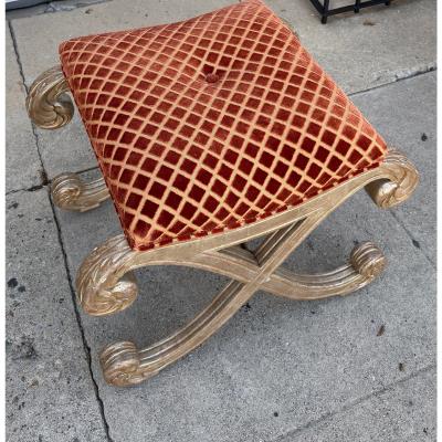 Nancy Corzine Nancy Corzine Saber Leg Giltwood X Bench W Red Silk Cut Velvet Fabric