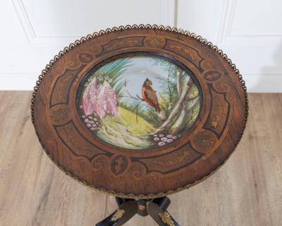 Napoleon III Pedestal Table with Marquetry and Painted Earthenware Basin France