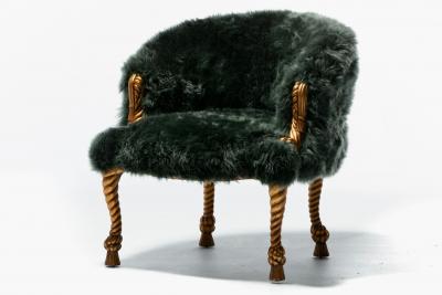 Napoleon III Style Chair in Emerald Sheepskin on Gilt Rope Tassel Frame