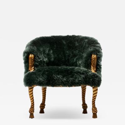 Napoleon III Style Chair in Emerald Sheepskin on Gilt Rope Tassel Frame