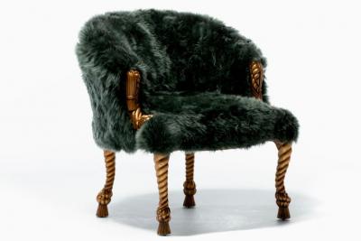 Napoleon III Style Chairs in Emerald Sheepskin on Gilt Rope Tassel Frames