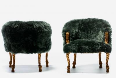 Napoleon III Style Chairs in Emerald Sheepskin on Gilt Rope Tassel Frames