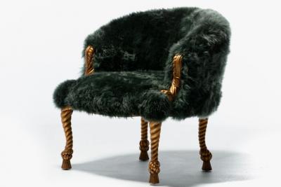 Napoleon III Style Chairs in Emerald Sheepskin on Gilt Rope Tassel Frames