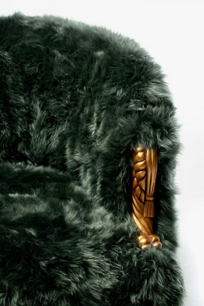 Napoleon III Style Chairs in Emerald Sheepskin on Gilt Rope Tassel Frames