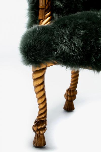Napoleon III Style Chairs in Emerald Sheepskin on Gilt Rope Tassel Frames