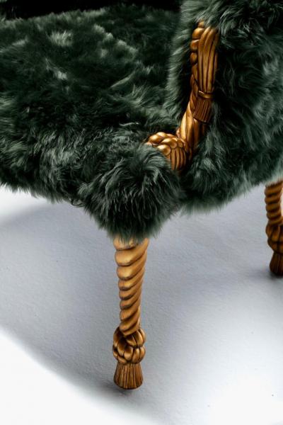 Napoleon III Style Chairs in Emerald Sheepskin on Gilt Rope Tassel Frames