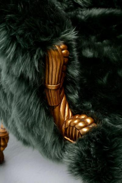 Napoleon III Style Chairs in Emerald Sheepskin on Gilt Rope Tassel Frames