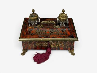 Napoleon lll French Inkwell Desk Set Boulle Inlay Tortoise France 19th c 