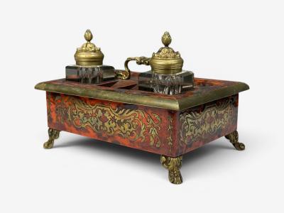 Napoleon lll French Inkwell Desk Set Boulle Inlay Tortoise France 19th c 