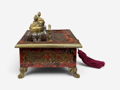 Napoleon lll French Inkwell Desk Set Boulle Inlay Tortoise France 19th c 