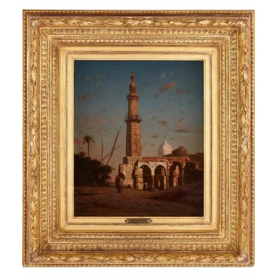 Narcisse Berch re Coastal oil painting with a Middle Eastern minaret by Berch re