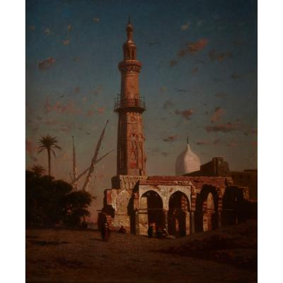 Narcisse Berch re Coastal oil painting with a Middle Eastern minaret by Berch re