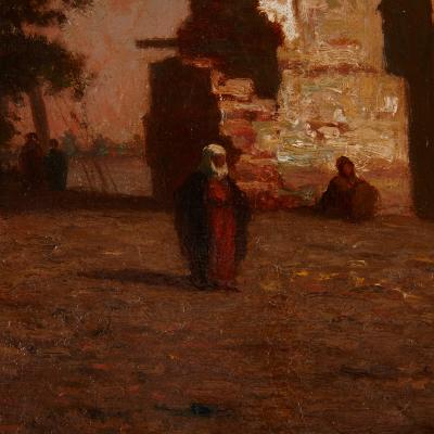 Narcisse Berch re Coastal oil painting with a Middle Eastern minaret by Berch re