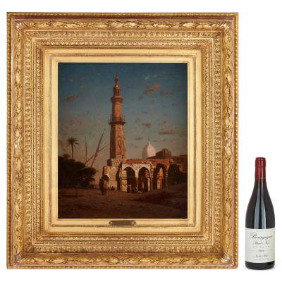 Narcisse Berch re Coastal oil painting with a Middle Eastern minaret by Berch re