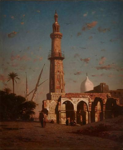 Narcisse Berch re Coastal oil painting with a Middle Eastern minaret by Berch re