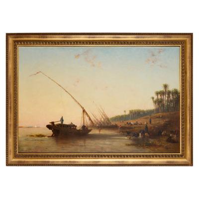 Narcisse Berch re Large antique French Orientalist oil Painting of the Nile by Berch re