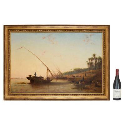 Narcisse Berch re Large antique French Orientalist oil Painting of the Nile by Berch re