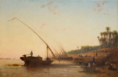 Narcisse Berch re Large antique French Orientalist oil Painting of the Nile by Berch re