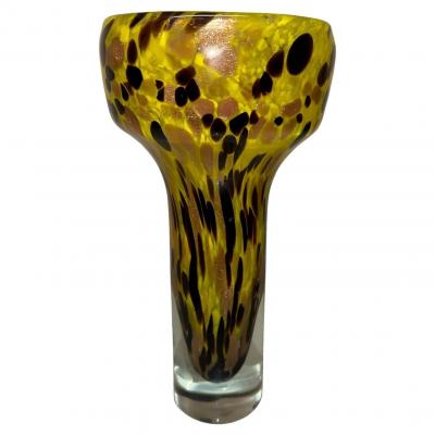 Narrow Hand Blown Yellow with Black and Amber Speckles Murano Glass Vase