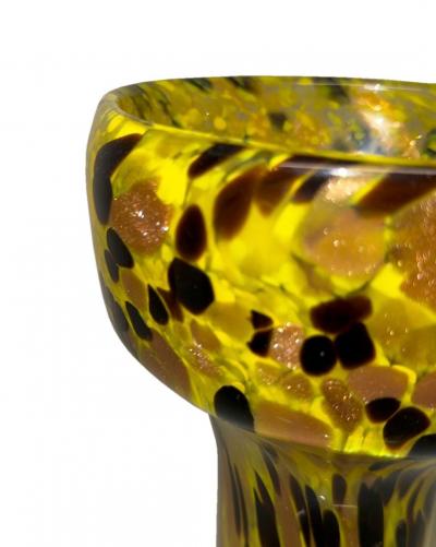 Narrow Hand Blown Yellow with Black and Amber Speckles Murano Glass Vase