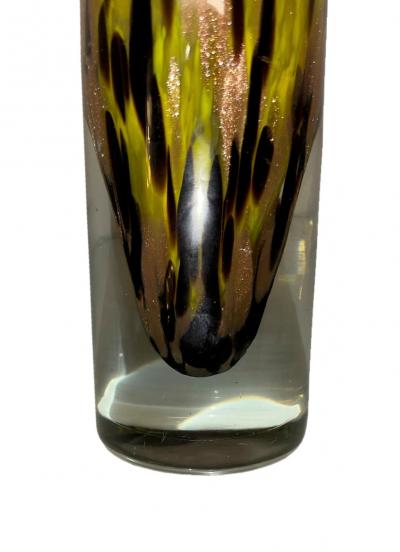 Narrow Hand Blown Yellow with Black and Amber Speckles Murano Glass Vase