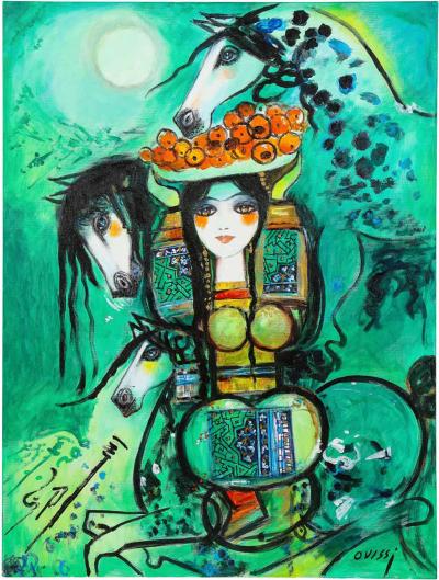 Nasser Ovissi Girl with Arabian Horses Oil on Canvas