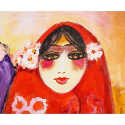 Nasser Ovissi Iranian Born 1934 Three Seated Girls Oil on Canvas Painting