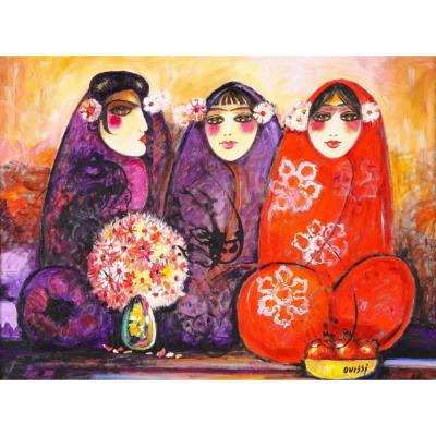 Nasser Ovissi Iranian Born 1934 Three Seated Girls Oil on Canvas Painting