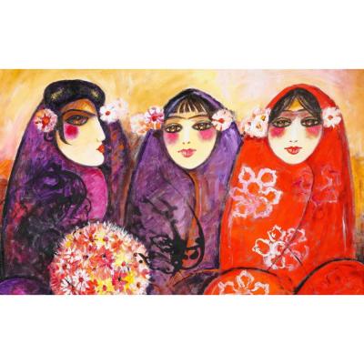 Nasser Ovissi Iranian Born 1934 Three Seated Girls Oil on Canvas Painting