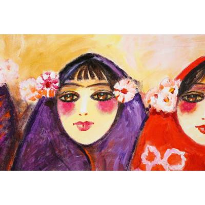 Nasser Ovissi Iranian Born 1934 Three Seated Girls Oil on Canvas Painting