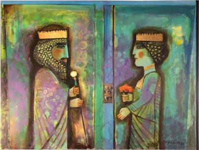 Nasser Ovissi Nasser Ovissi Iranian Born 1934 Darius and Atossa Oil on Canvas Painting