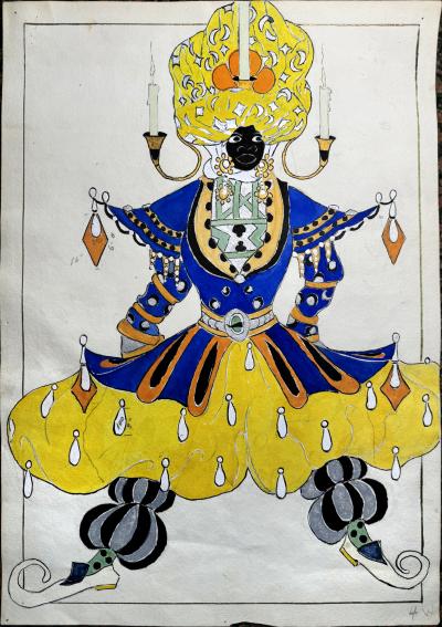 Natacha Rambova Siam Royal in Candle Headdress Cecil B DeMille Costume Drawing