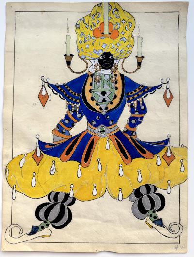 Natacha Rambova Siam Royal in Candle Headdress Cecil B DeMille Costume Drawing