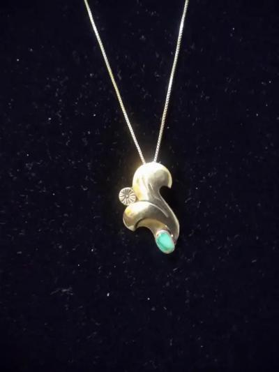 Native American 19 Sterling Silver Necklace with Turquoise Lily Flower Pendant