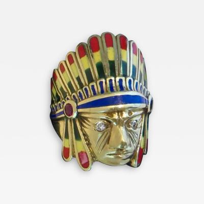 Native American Indian Chief Themed Gold Ring with Polychromed Features C 1955