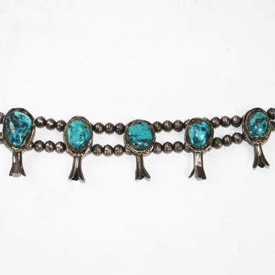 Native American Sterling Silver Turquoise Squash Blossom Necklace