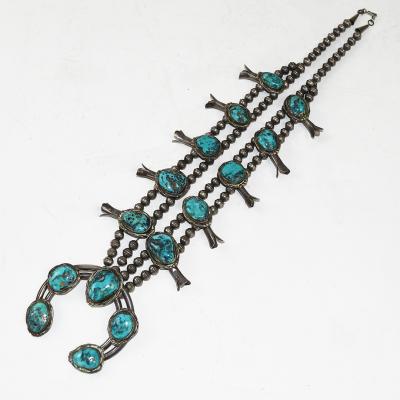 Native American Sterling Silver Turquoise Squash Blossom Necklace