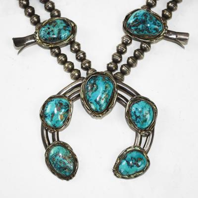 Native American Sterling Silver Turquoise Squash Blossom Necklace
