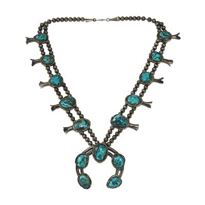 Native American Sterling Silver Turquoise Squash Blossom Necklace