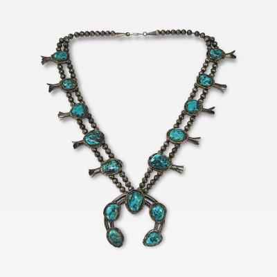 Native American Sterling Silver Turquoise Squash Blossom Necklace