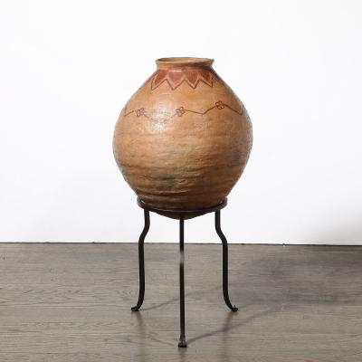 Native American Tribal Terracotta Red Iron Oxide Vessel on Wrought Iron Base