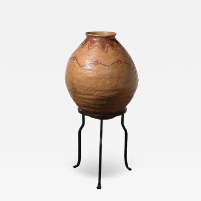 Native American Tribal Terracotta Red Iron Oxide Vessel on Wrought Iron Base