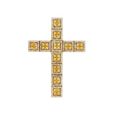 Natural 2 33 Carat Princess Cut Yellow Sapphire Diamond Halo Cross Pendant